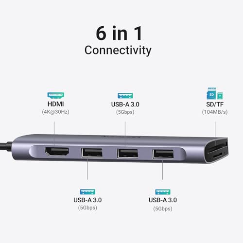 UGREEN Revodok USB C Hub 6 in 1 for MacBook Pro, iPad, iPhone - 4K HDMI, 3 USB |0 Ports, SD/TF Reader - 16 Port Space Gr