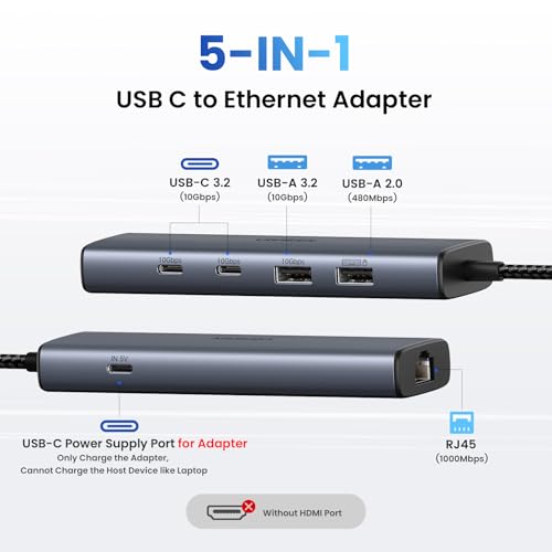 UGREEN USB C to Ethernet Adapter for MacBook XPS 10Gbps Data Transfer 5 in 1 Hub Gigabit Ethernet Laptop USB C Hub