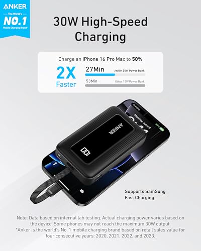 Anker Portable Charger, 10,000mAh 30W Power Bank, for iPhone 16/15, iPad, MacBook, ClimatePartner Certified
Anker Portab